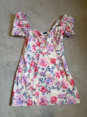 Zara Floral Puff Sleeve Mini Dress Cottagecore Pink Size S